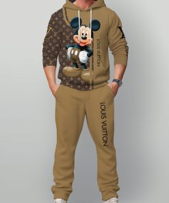For the men who love playful luxury streetwear, camel LV cartoon hoodie tracksuit set – designer-inspired Mickey graphic casual outfit | bold fashion statement set