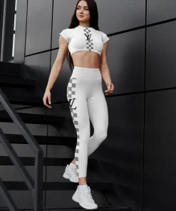 White minimal check monogram activewear set – fitted crop top & high-waist leggings