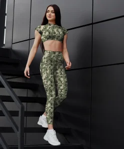Olive green camo monogram activewear set – fitted crop top & high-waist leggings