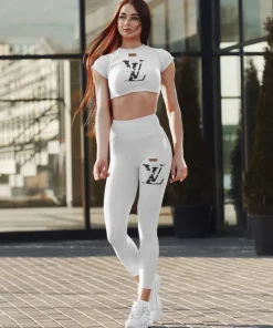 Minimal white activewear set with distressed monogram detail