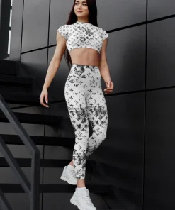 White grunge monogram activewear set – fitted crop top & high-waist leggings