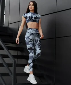 Grey camo monogram activewear set – fitted crop top & high-waist leggings
