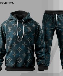 For the girls who love vintage luxe streetwear, deep teal LV monogram hoodie set – designer-inspired washed aesthetic tracksuit | edgy casual glam outfit