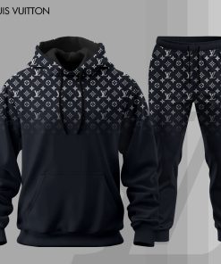 For the girls who love sleek navy luxury streetwear, dark blue LV monogram hoodie set – minimalist designer-inspired tracksuit | refined urban casual outfit