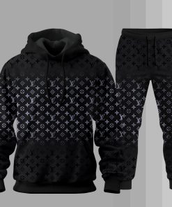For the girls who love stealth luxury streetwear, black monochrome LV hoodie set – designer-inspired all-black minimalist tracksuit | sleek urban fashion outfit