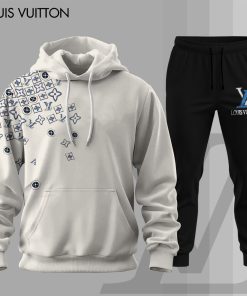 For the girls who love clean luxury contrast, LV white black hoodie set – asymmetric monogram tracksuit | effortless daily style