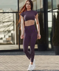 Deep purple tonal monogram activewear set – fitted crop top & high-waist leggings
