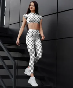 Black white monogram checkered activewear set – contrast crop top leggings | modern sporty outfit