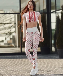 White–red monogram street activewear set – fitted crop top & high-waist leggings