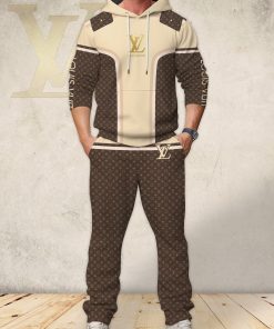 For the men who love classic luxury streetwear, beige brown LV monogram tracksuit set – premium designer-inspired hoodie and jogger outfit | refined casual fashion