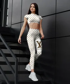 White gold monogram activewear set – luxury crop top leggings for women | clean fitted sporty outfit