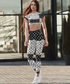 Black & white patchwork monogram activewear set – contrast crop top & high-waist leggings