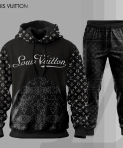 For the girls who love dark luxe streetwear, black LV monogram hoodie set – elegant designer-inspired gothic tracksuit | bold monochrome fashion outfit