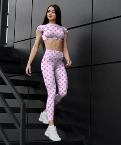 Pink monogram activewear set for women – soft pastel crop top leggings | fitted aesthetic gym outfit