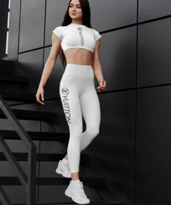 White vertical logo activewear set – fitted crop top & high-waist leggings