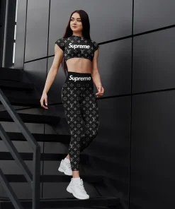 Black monogram streetwear activewear set – bold logo crop top leggings | fitted sporty outfit
