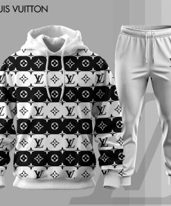 For the girls who love chic monochrome luxury, black white LV striped hoodie set – elegant designer-inspired streetwear tracksuit | modern minimal glam outfit